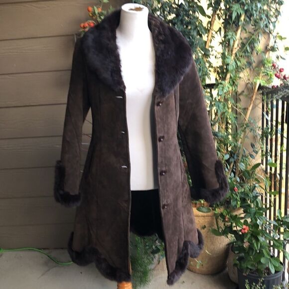 Vintage British Knoles & Carter Chocolate Suede, Fur Trim/Collar Faux Fur Lining - Picture 2 of 15